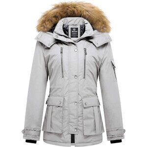 Women's Greyish White Winter Coat Warm Puffer Jacket With Removable Hood